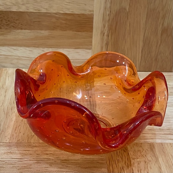 Murano Style Art Glass Controlled Bubble Bullicante Orange Ruffled Candy Dish - Picture 5 of 13